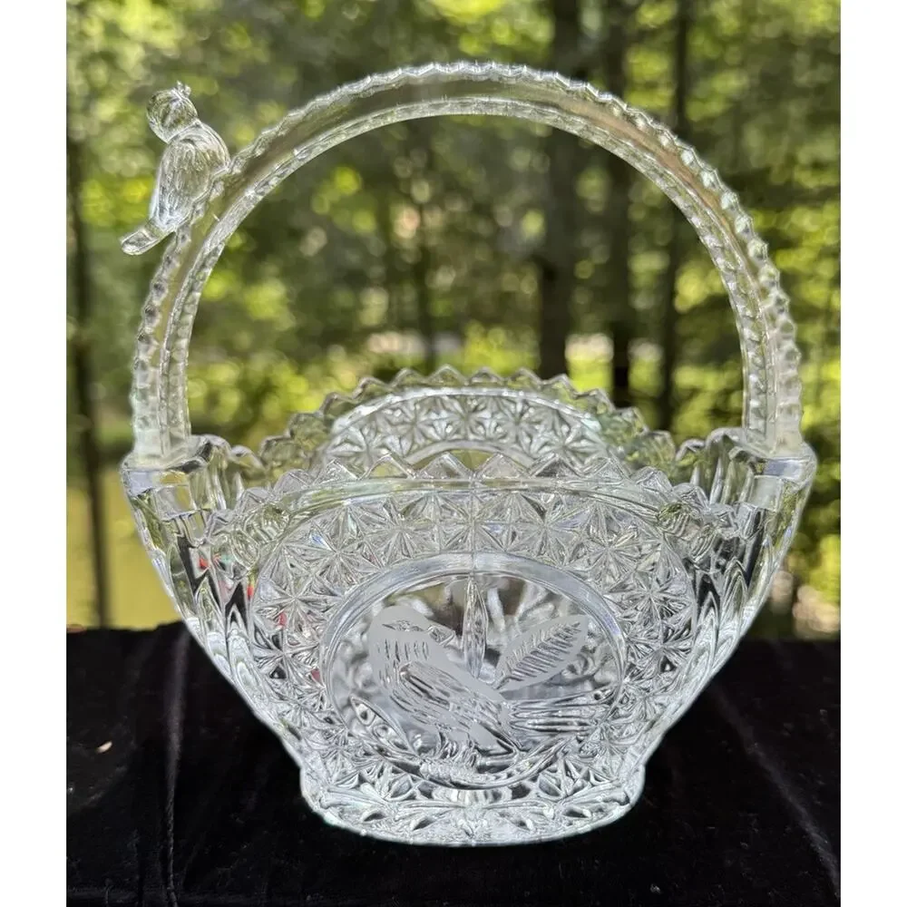 Hofbauer Byrdes Lead Crystal Basket Bird Handle Etched German Glass 6
